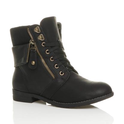 Black Lace Up Knitted Collar Biker Military Boots