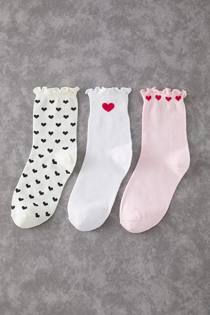 Multi 3 Pack Cotton Heart Jacquard Knit Crew Socks