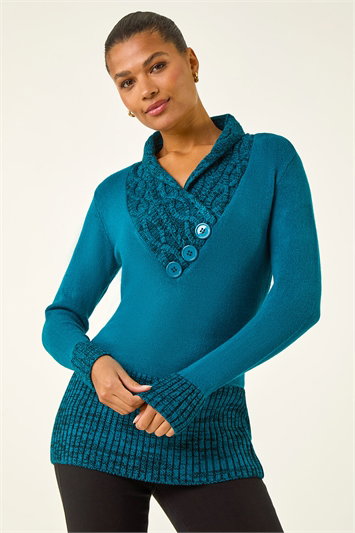 Blue V-Neck Overlap Button Detail Longline Jumper