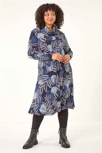 Curve Leaf Print Cowl Neck Dress 14789360