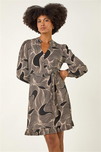 White Abstract Linear Print Stretch Dress