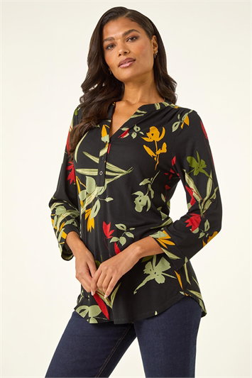 Black Floral Print Notch Neck Top