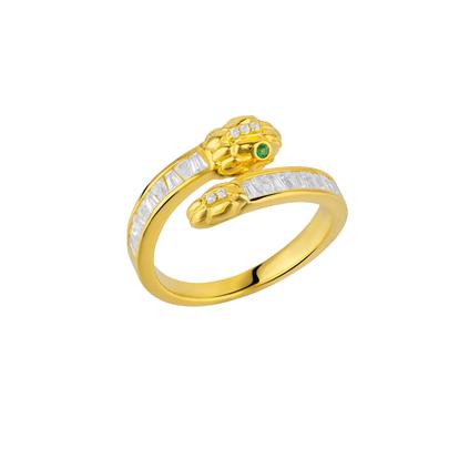 Metallic Baguette Snake Ring With Green Eyes In Sterling Silver