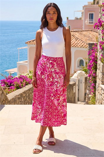 Pink Vivid Multi Floral Print A-Line Skirt