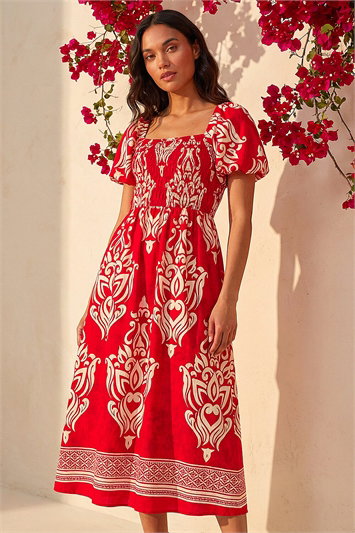 Abstract Print Shirred Midi Dress 14896381