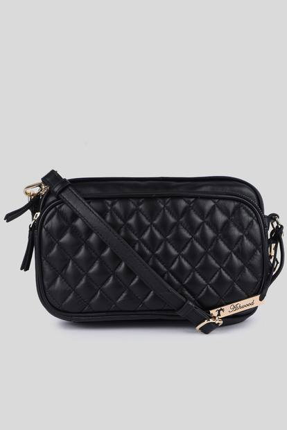 Black 'Bellezza Romana' Real Leather Twin Zip Quilted Crossbody Bag