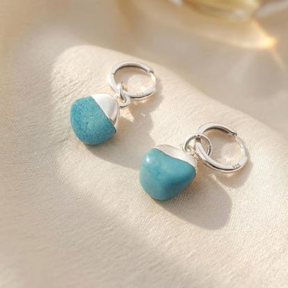 Metallic Raw Turquoise December Birthstone Silver Huggies