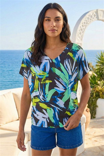 Blue Abstract Print V-Neck Stretch Top