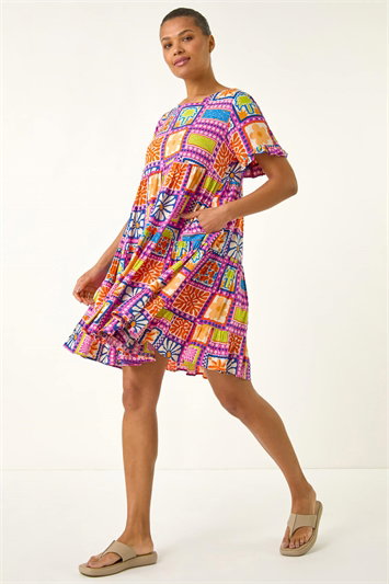 Pink Tiled Tiered Frill Smock Dress
