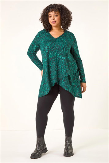 Curve Paisley Print V-Neck Stretch Top 19456534