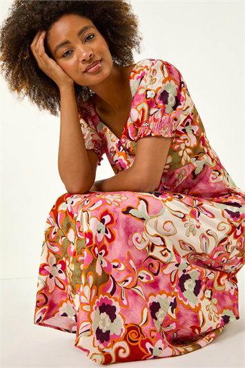 Pink Floral Print Tie Front Midi Dress