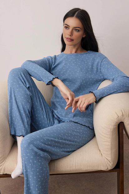 Blue Pointelle Knit Round Neck Long Sleeve Cotton Ribbed Pyjama Set