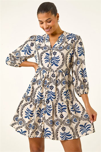 White Leaf Border Print Smock Dress