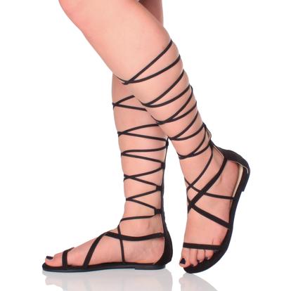 Black Flat Knee High Lace Up Gladiator Sandals