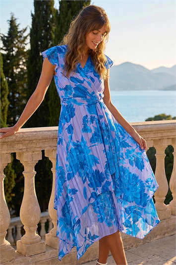 Blue Floral Frill Midi Wrap Dress