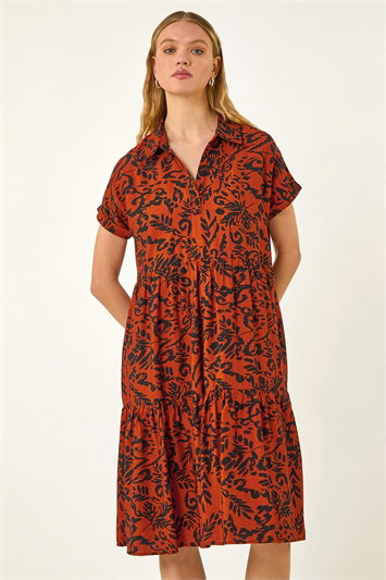 Red Leaf Print Collared Smock Dress