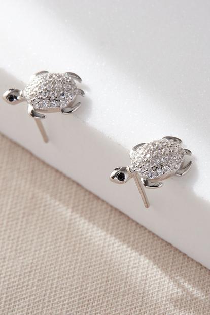 Metallic Sterling Silver Cz Turtle Stud Earrings