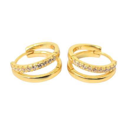 Metallic Diamond April Birthstone Double Hoop Small Huggie Gold Plated Earrings