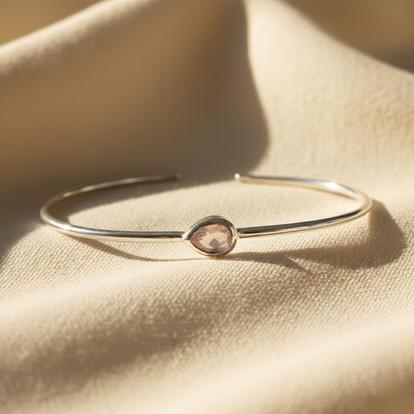 Pink Minimalist Sterling Silver Rose Quartz October Birthstone Bangle Bracelet