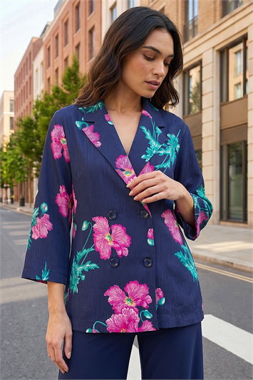 Blue Floral Textured Relaxed Blazer