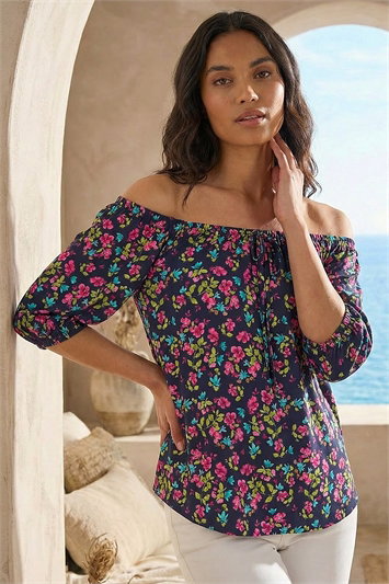 Pink Floral Print Stretch Bardot Top