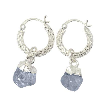 Metallic Raw Sapphire September Birthstone Huggie Hoops Sterling Silver Gemstone Earrings