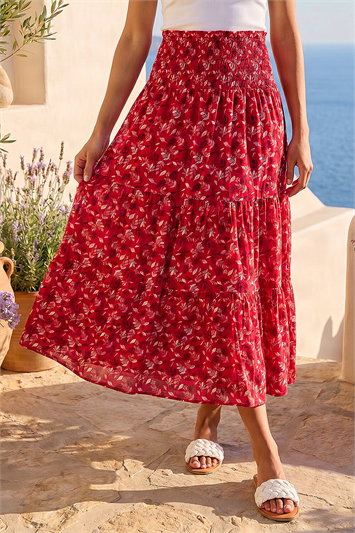 Red Abstract Print Shirred Waist Maxi Skirt