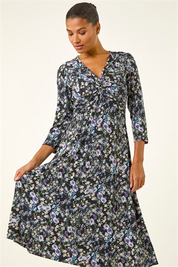 Purple Floral Twisted Front Stretch Midi Dress