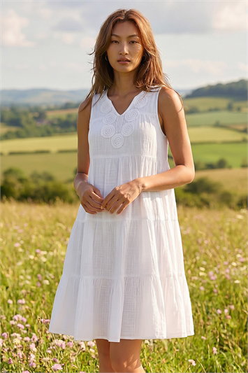 White Cotton Trim Detail Smock Dress