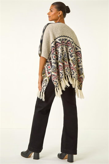 Cream Jacquard Tassel Trim Poncho