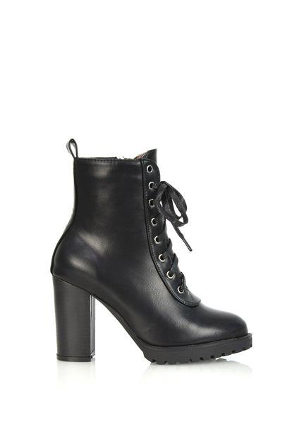 Black 'Ariel' Lace Up High Block Heel Zip-Up Biker Ankle Boots