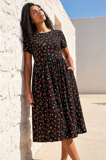 Black Cherry Print Midi Smock Dress