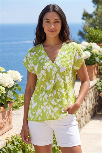 Green Geometric Crinkle Textured V-Neck Top