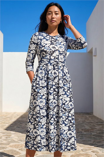 Blue Petite Floral Midi Dress