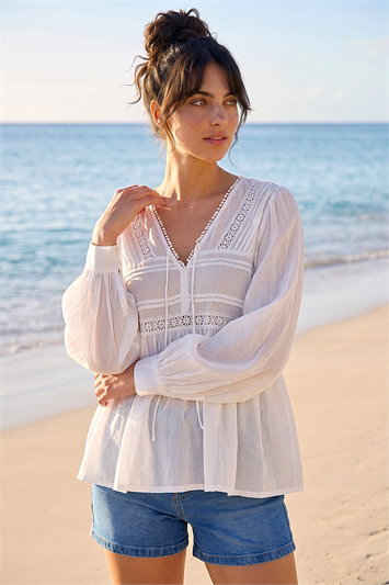 White Dusk Cotton Lace Pintuck Top