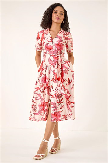 Pink Floral Tie Waist Shirt Dress
