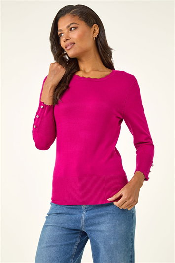 Pink Sparkly Diamante Button Scallop Edge Jumper
