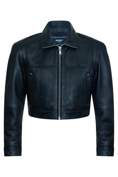Black Womens Cropped Biker Leather Jacket