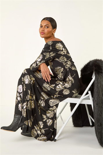 Metallic Floral Foil Bardot Midi Dress