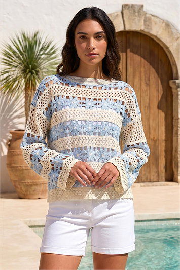 Blue Floral Stripe Crochet Knit Jumper