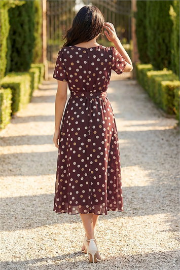 Polka Dot Pleat Neck Midi Dress 14859214
