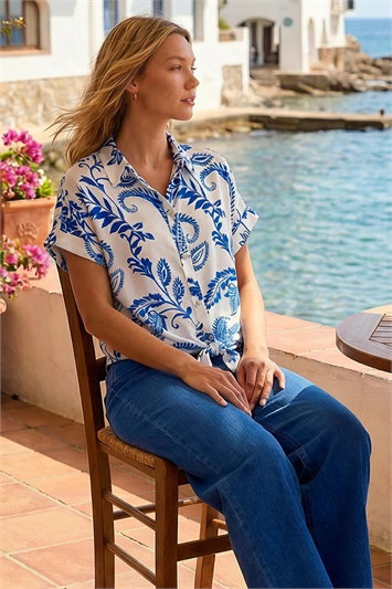 Blue Paisley Leaf Print Tie Front Top
