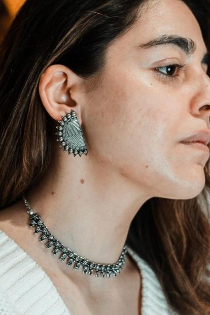 Metallic Eclipsed Semicircular Oxidised Boho Jhumkis