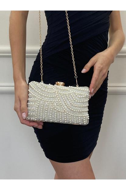 Metallic Luxurious Gold Pearl Embellished Clutch Bag