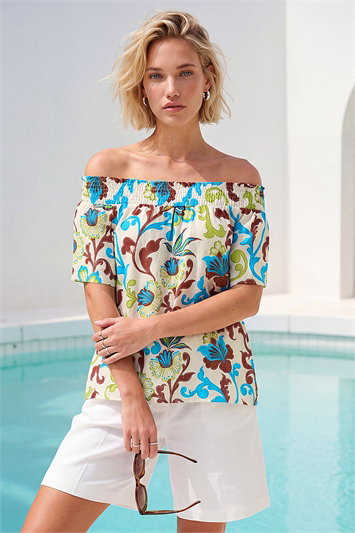 Blue Floral Print Bardot Top