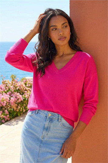Pink Plain Stretch V-Neck Longline Jumper