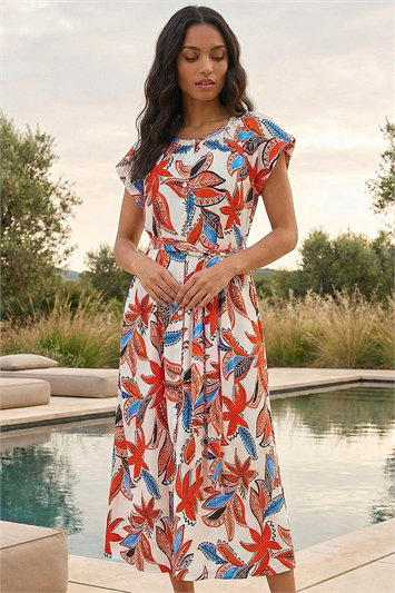 Leaf Print Belted Midi Dress 14885164