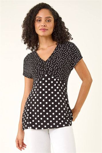 Black Contrast Polka Dot Gathered Top