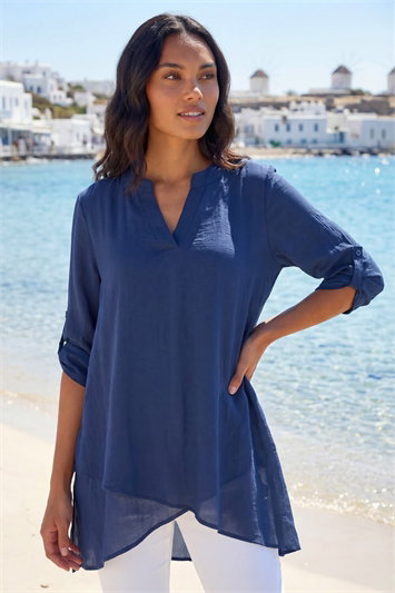 Blue V-Neck Wrap Hem Tunic Top