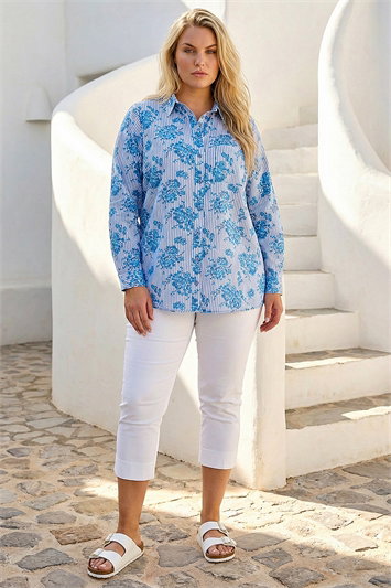 Blue Curve Stripe Floral Print Blouse